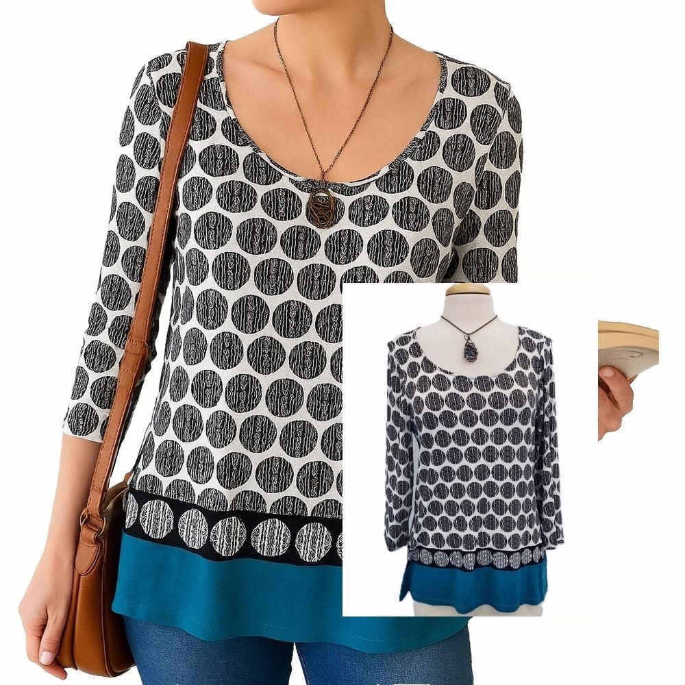 Chicos Blue White Dot Colorblock‎ Stretch Knit Top 3/4 Sleeve Womens M
